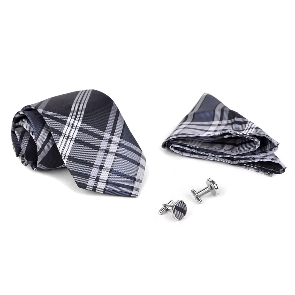 Plaid Poly Woven Tie, Hanky & Cufflink Set